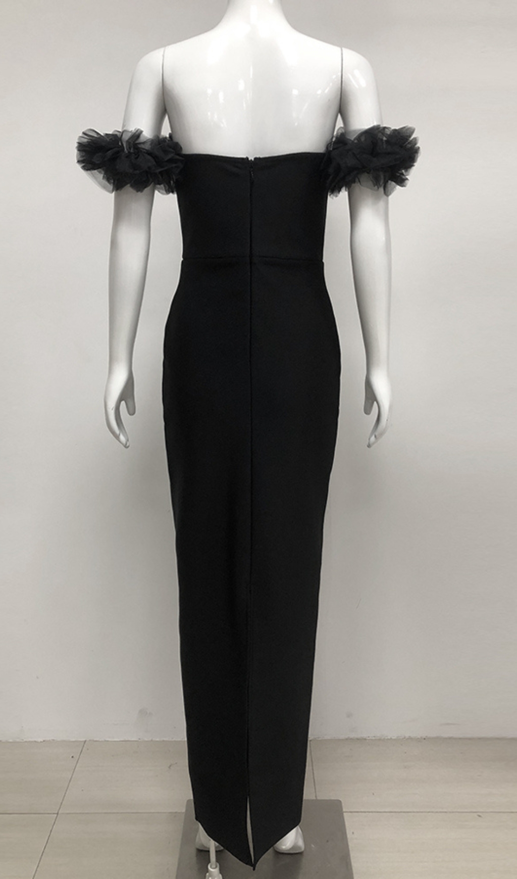 Fashionslee Women Cilicia Black Ruffle Crystal Maxi Bandage Dress