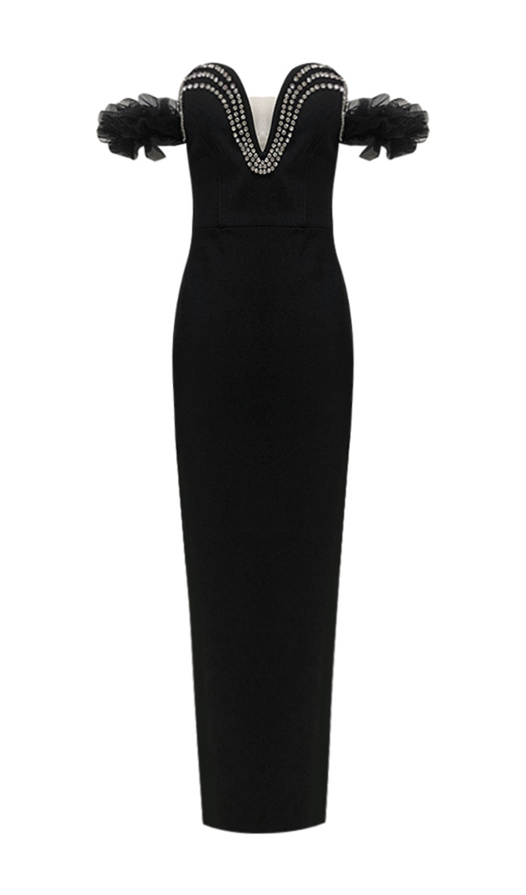 Fashionslee Women Cilicia Black Ruffle Crystal Maxi Bandage Dress