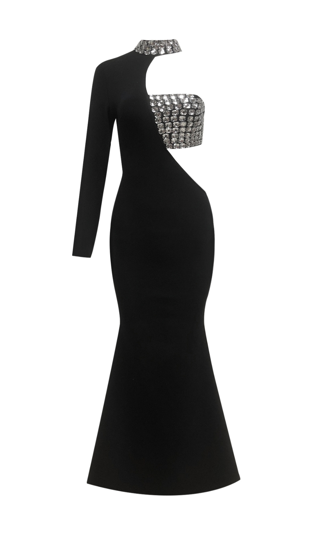 Fashionslee Women Black One Sleeve Crystal Detail Maxi Dress