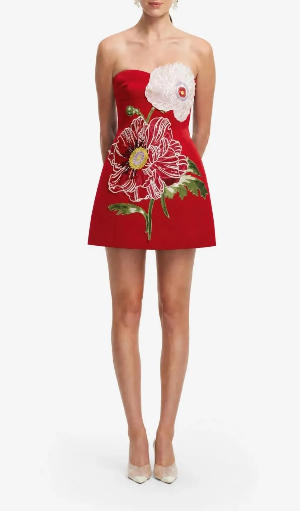LAILAH RED STRAPLESS FLORAL MINI DRESS FOR PARTY