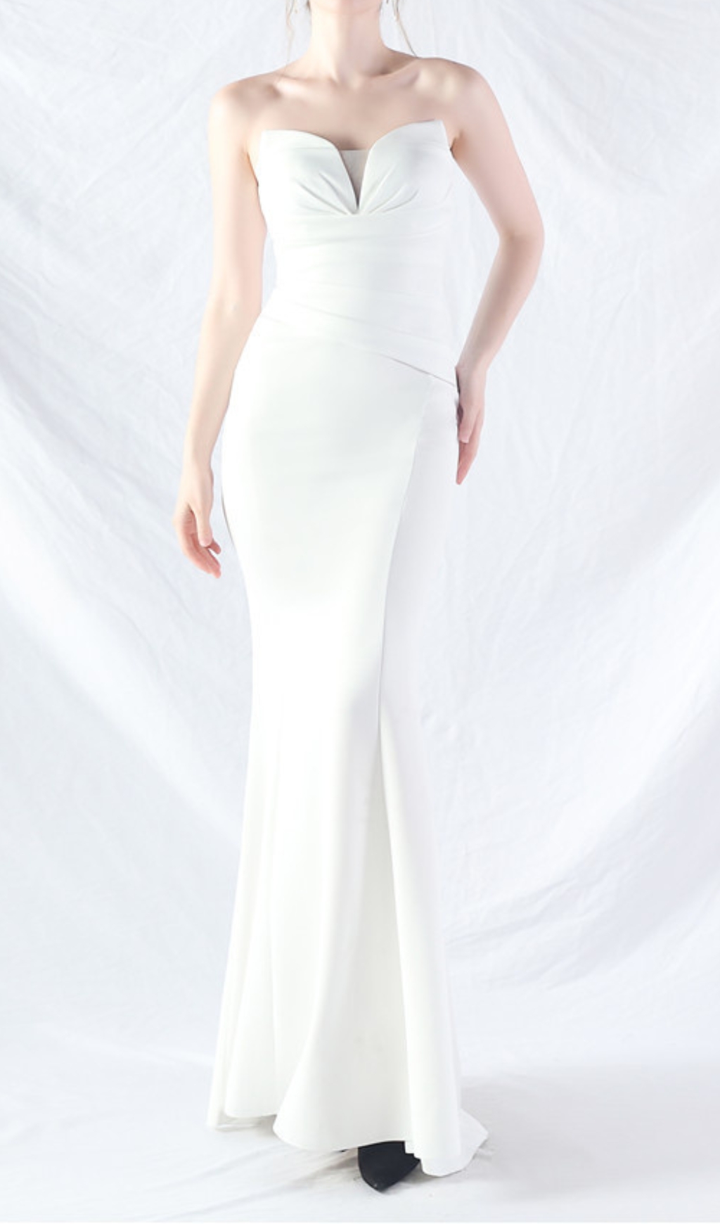 Fashionslee Women Chrina White Strapless Ruched Maxi Dress