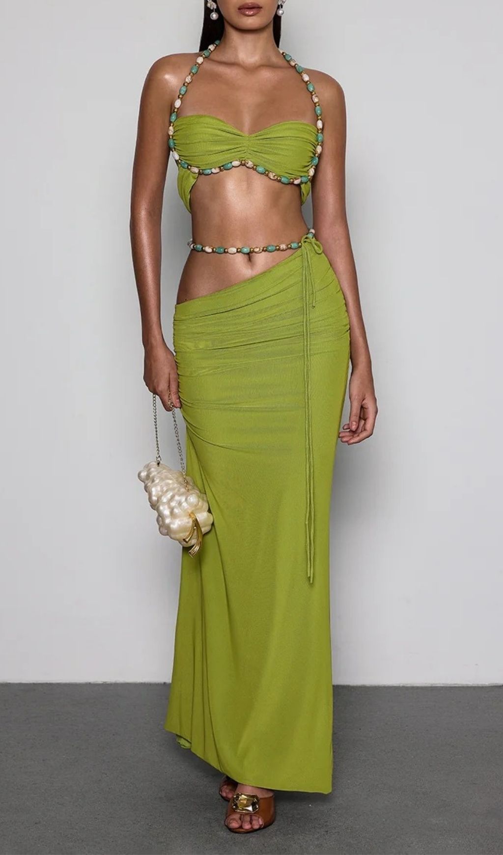 Fashionslee Women Eryna Halterneck Ruched Skirt Set In Chartreuse