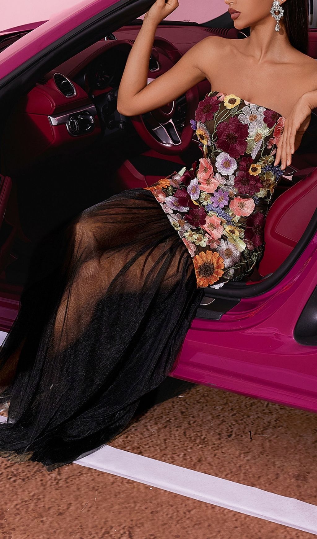 Fashionslee Women Lakota Strapless Flower Embroidery Mesh Maxi Dress