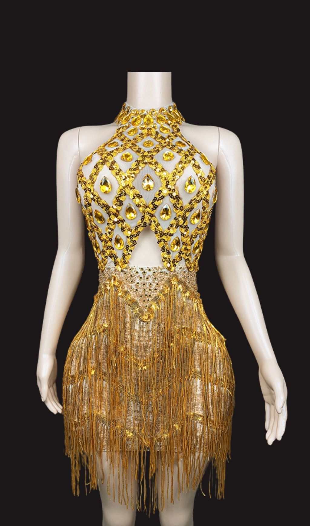 77711516e1c94c2a64178e4e2d49a87e.jpg Fashionslee Women Elmarie Gold Backless Fringe Sequin Mini Dress