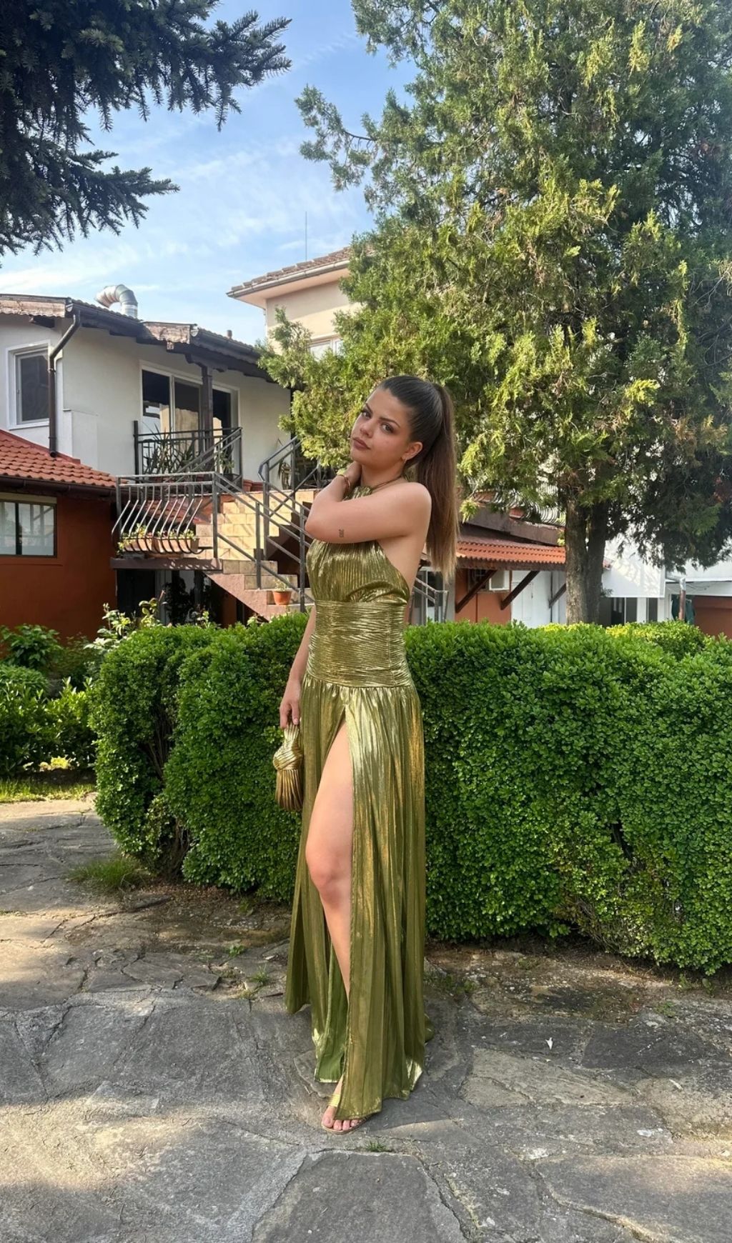 789d16218c788eecdc2a576efabaa534.jpg Fashionslee Women Syriona Halterneck Split Pleated Metallic Maxi Dress In Green