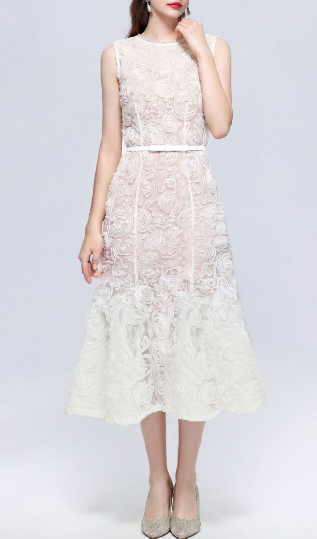 LASHANDA WHITE SLEEVELESS FLORAL MIDI DRESS - OWNCI LASHANDA WHITE SLEEVELESS FLORAL MIDI DRESS - OWNCI