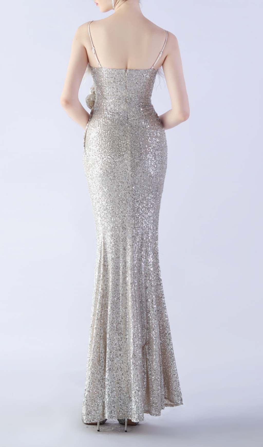 Fashionslee Women Chroma Silver Sequin Flower Feather Maxi Dress