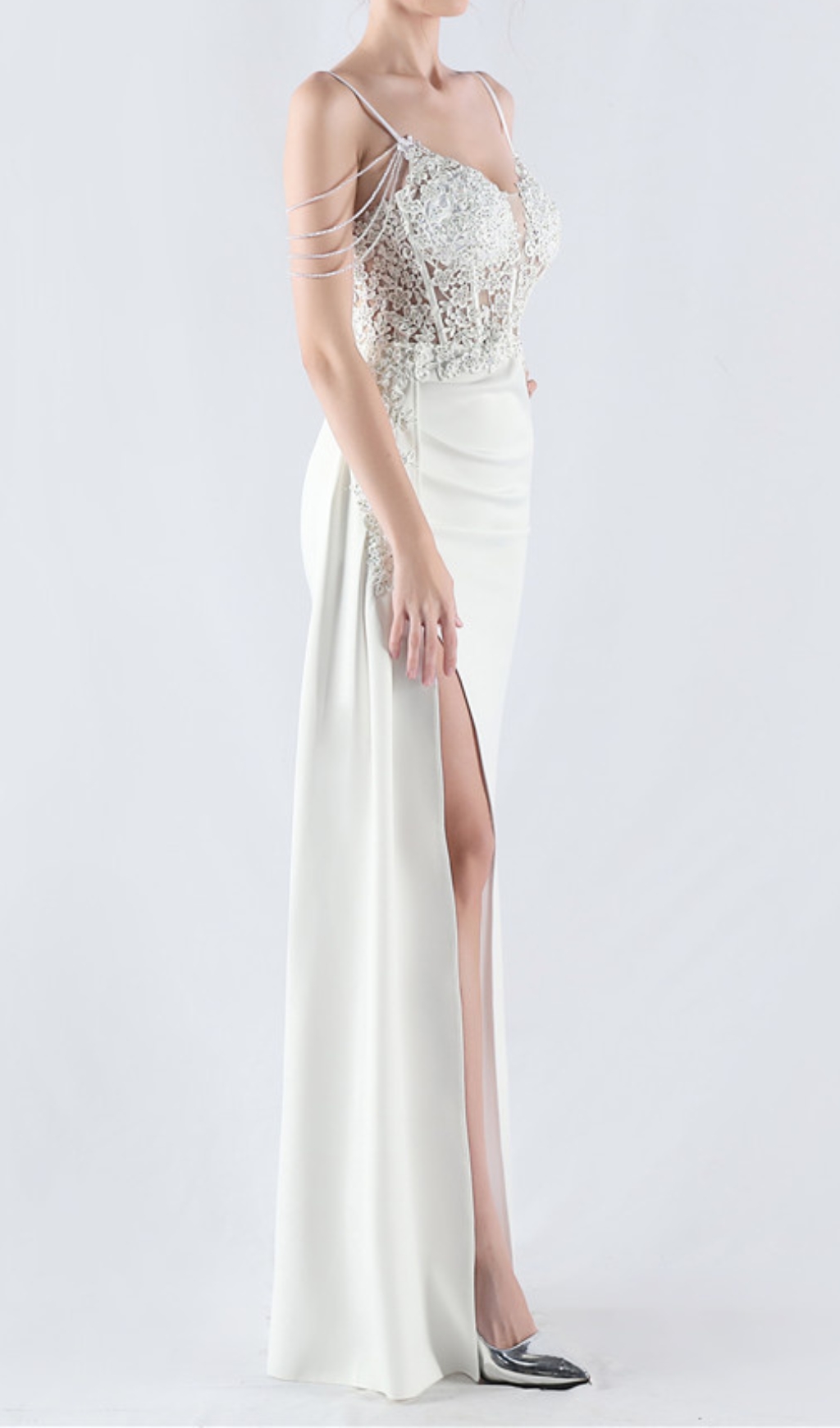 Fashionslee Women Chofa White Flower Bead Corset Maxi Dress
