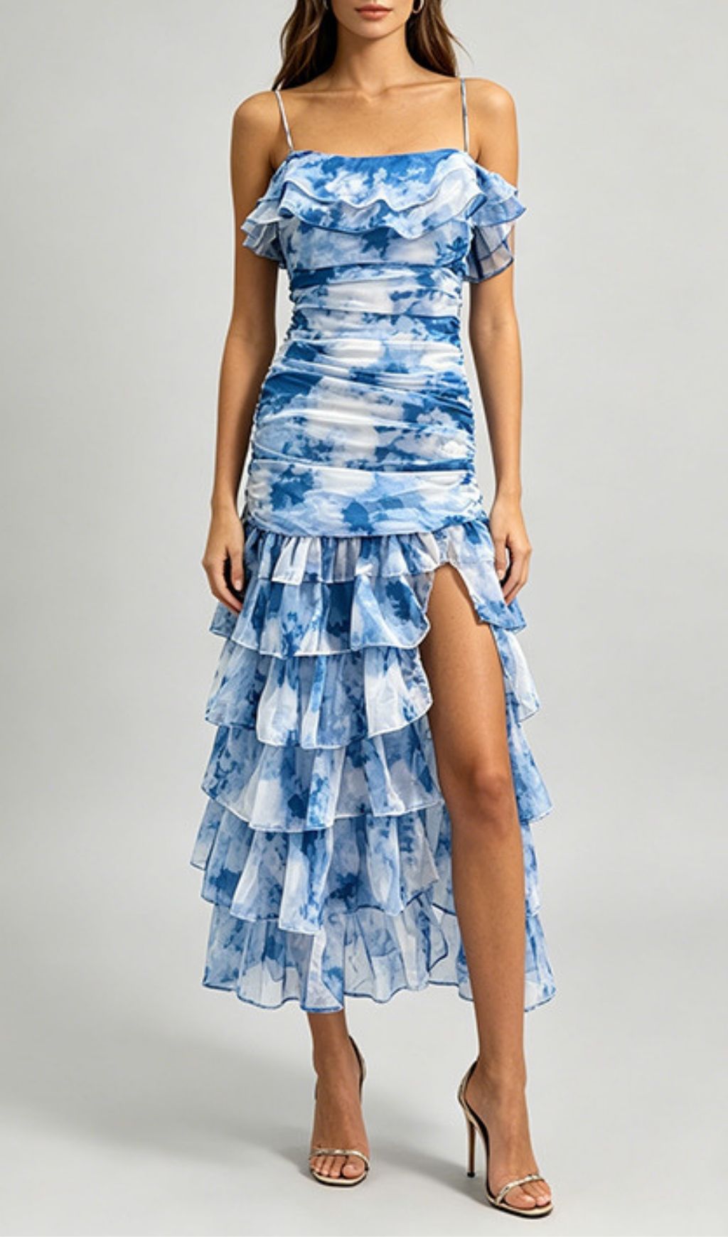Fashionslee Women Kerith Blue Strappy Ruched Layered Midi Dress