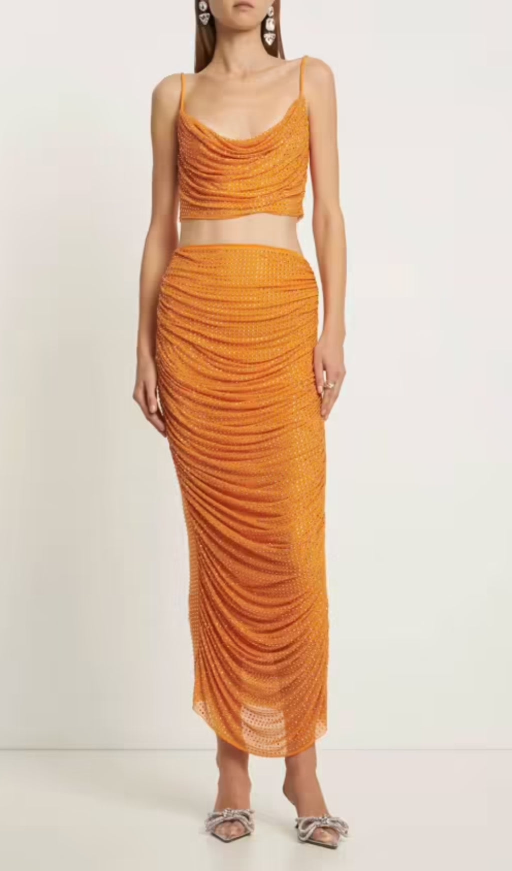Fashionslee Women Buzz Orange Diamond Maxi Skirt Set