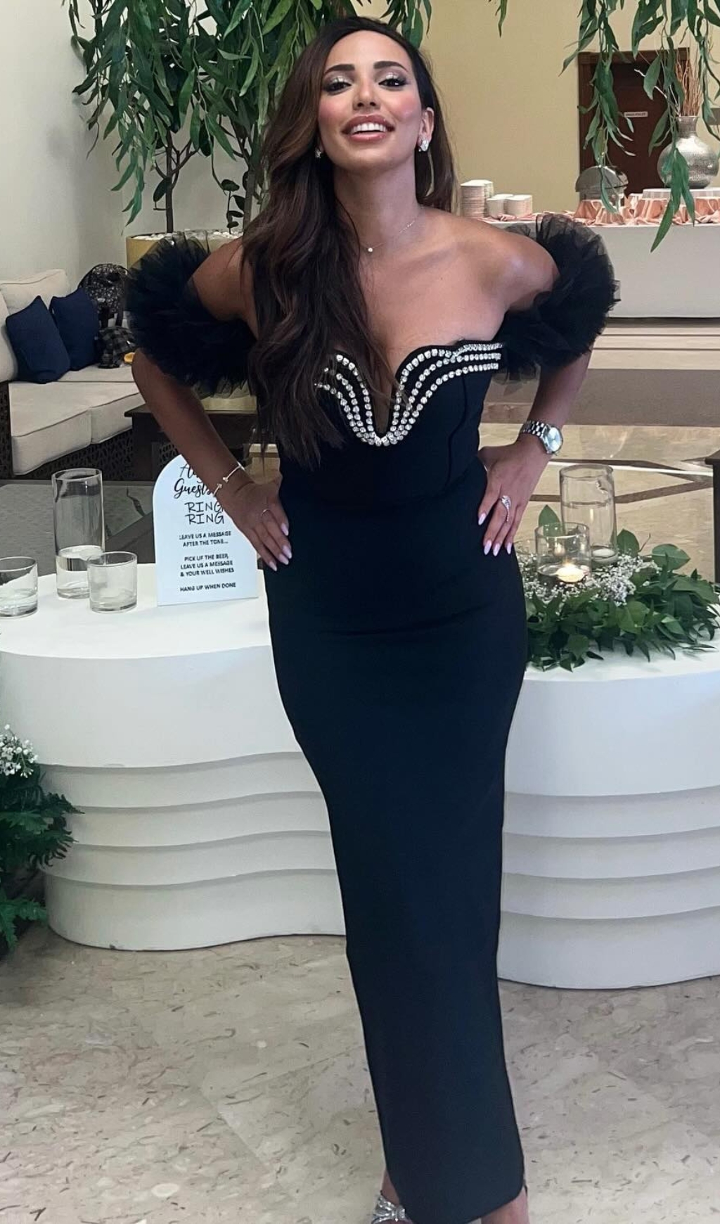 Fashionslee Women Cilicia Black Ruffle Crystal Maxi Bandage Dress