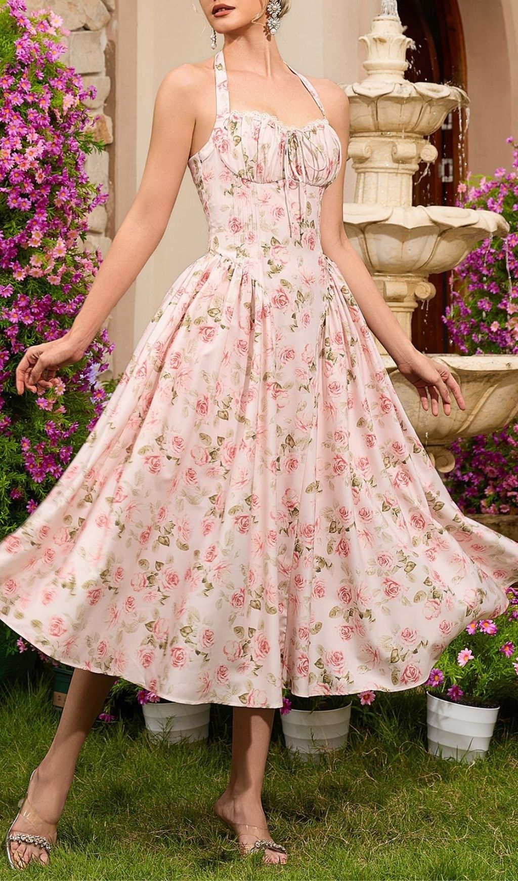 Fashionslee Women Lakota Halter Floral Midi Dress