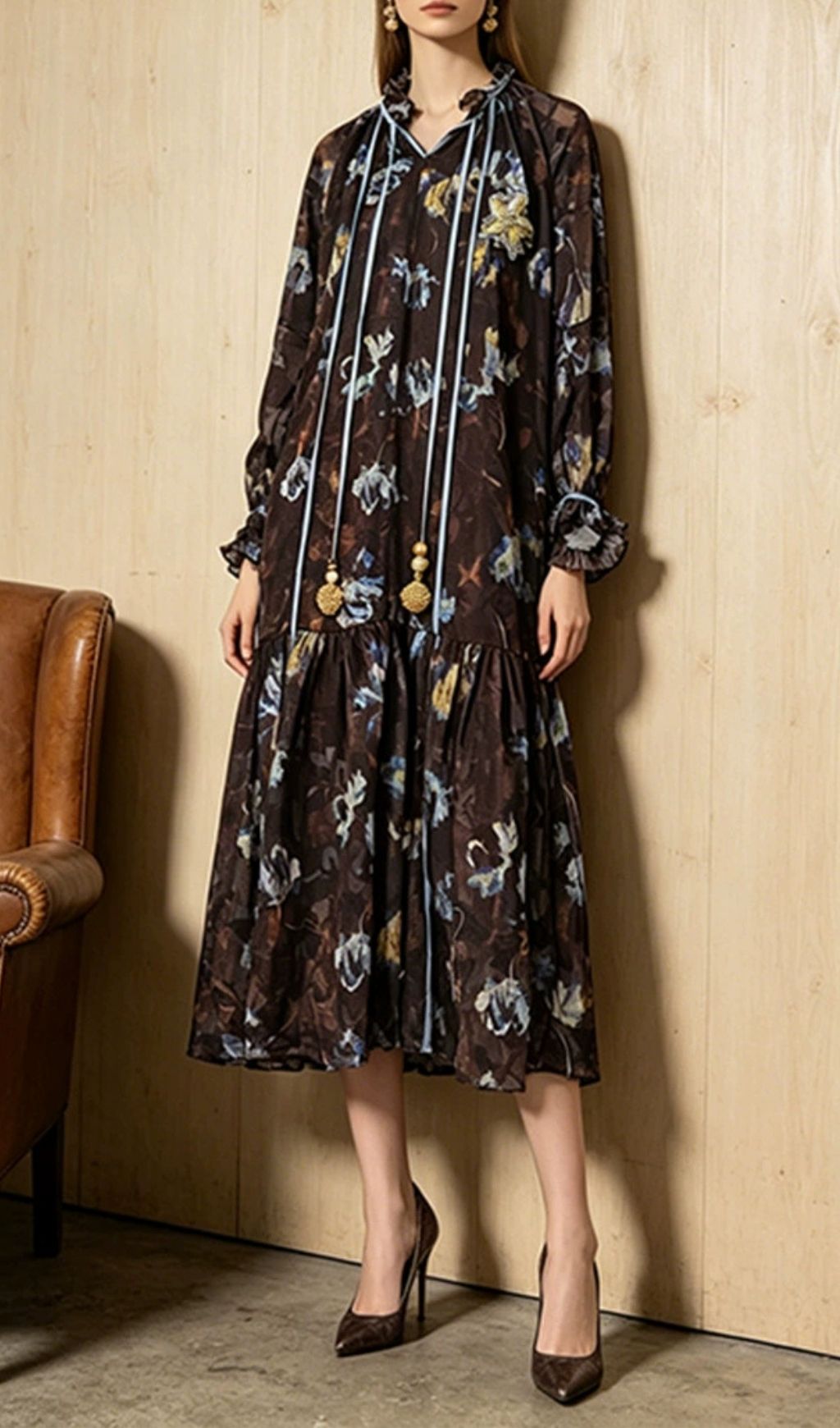 Fashionslee Women Kitra Printed Long Sleeve Midi Dress
