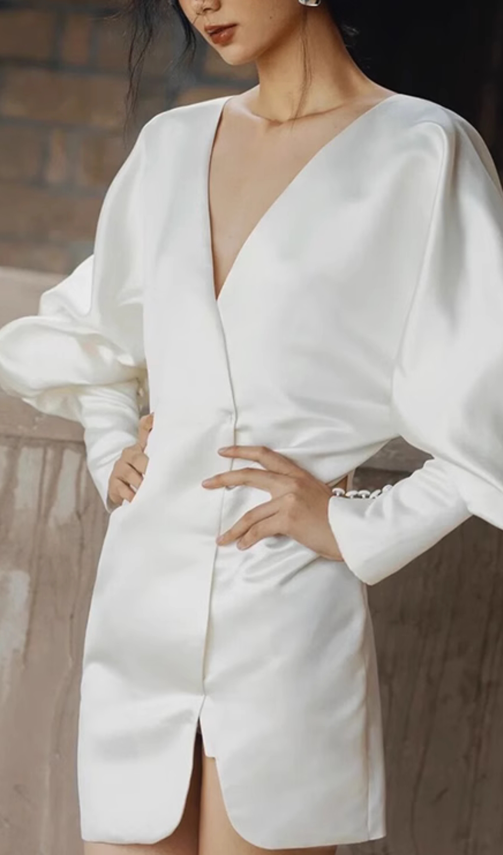 Fashionslee Women Coletta White V-Neck Long Sleeve Satin Mini Dress