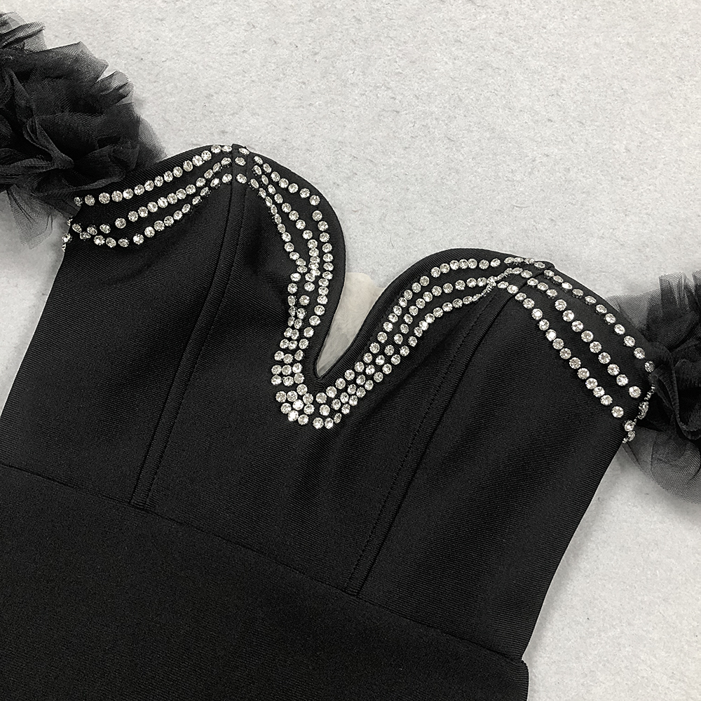 Fashionslee Women Cilicia Black Ruffle Crystal Maxi Bandage Dress