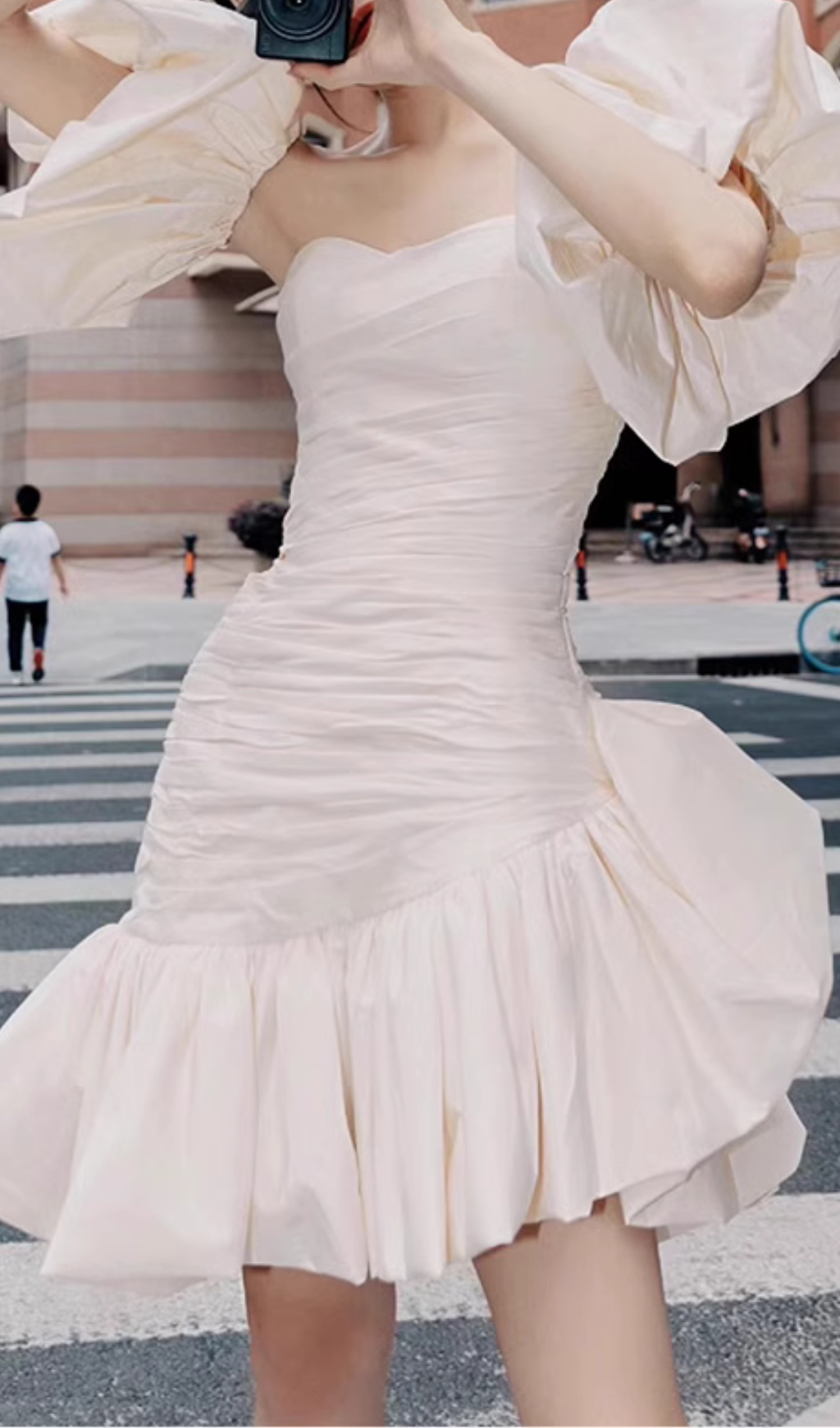 Fashionslee Women Colina White Puff Sleeve Ruched Mini Dress