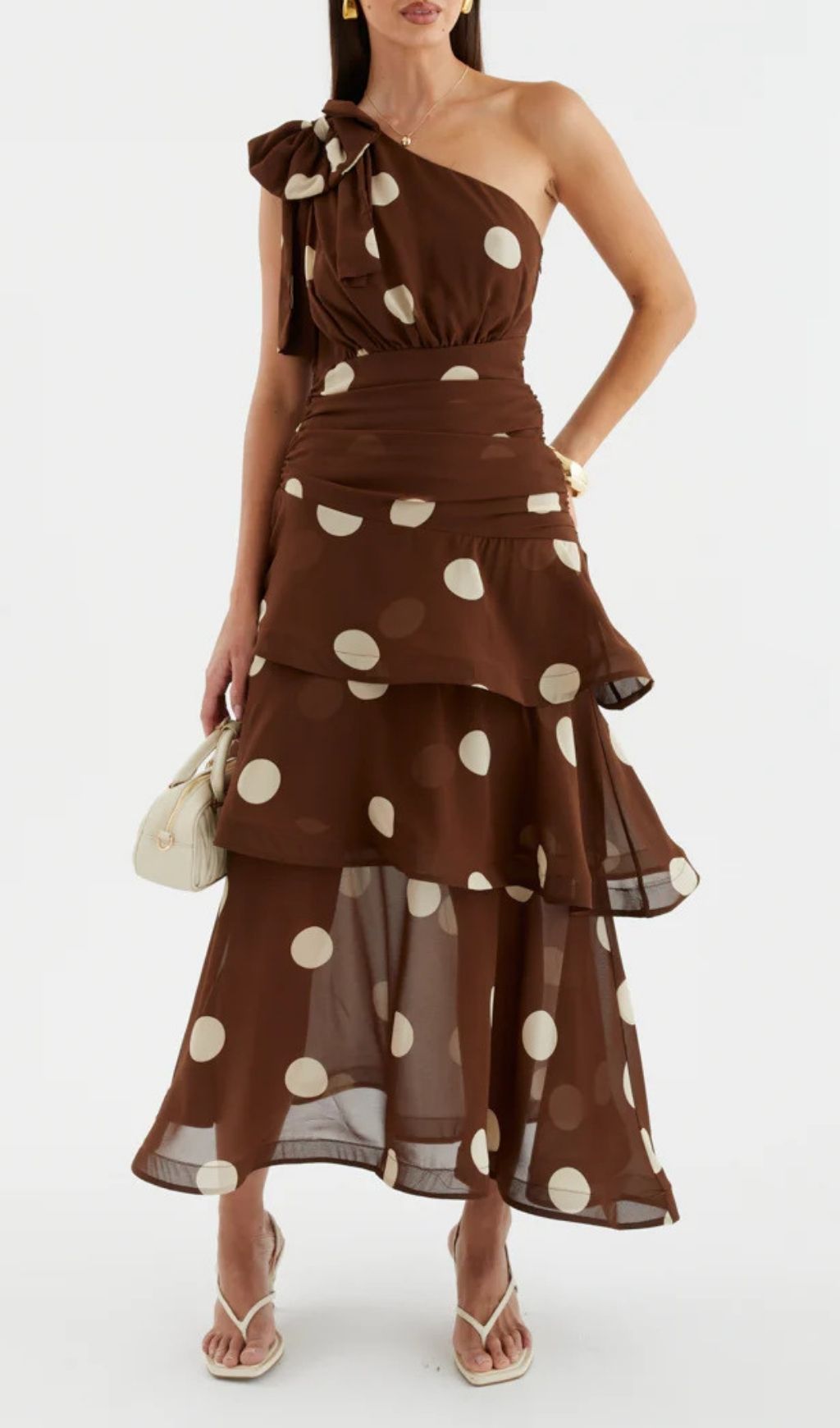 7f4e0c12f4f5bce629b751d1cf0f9f6e.jpg Fashionslee Women Lalaine Coffee One-Shoulder Dot Midi Dress