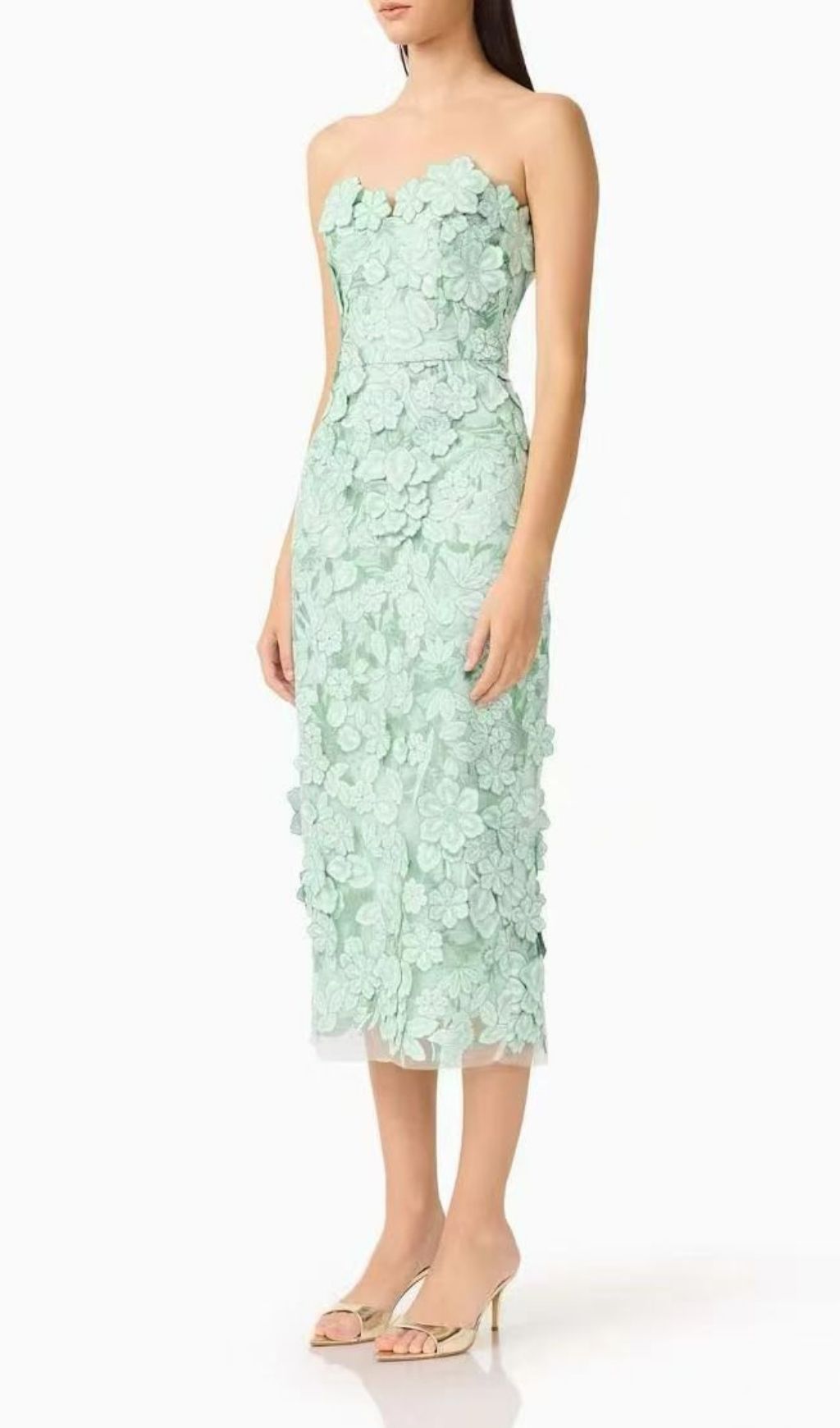 Fashionslee Women Larissa Green Strapless Flower Embroidery Midi Dress