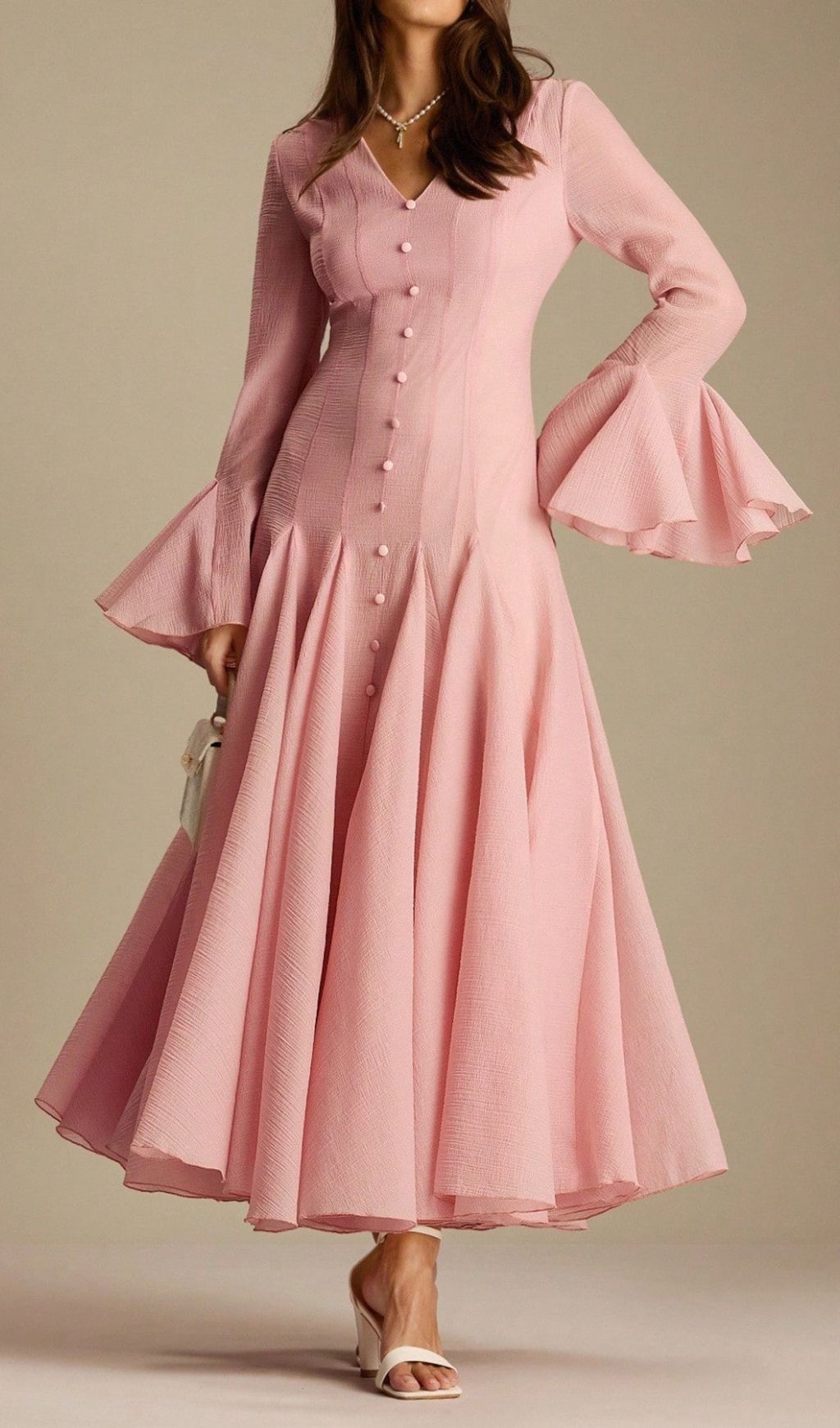 Fashionslee Women Lane Pink V-Neck Long Sleeve Maxi Dress