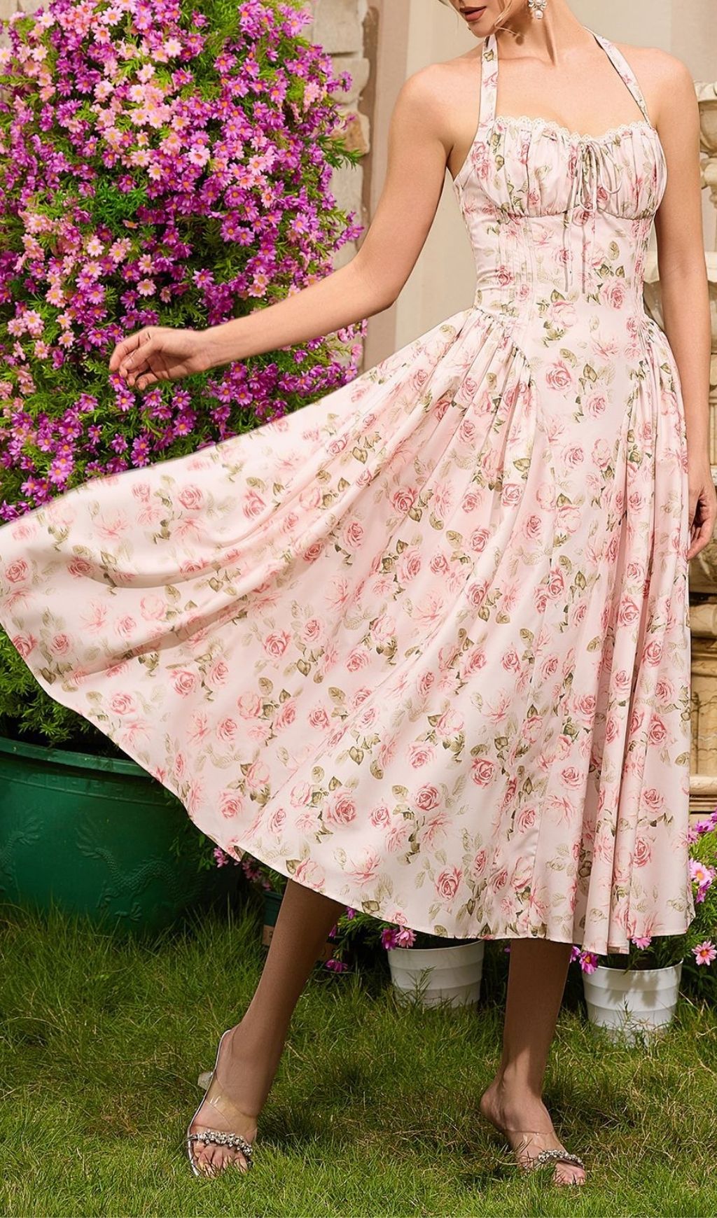 Fashionslee Women Lakota Halter Floral Midi Dress