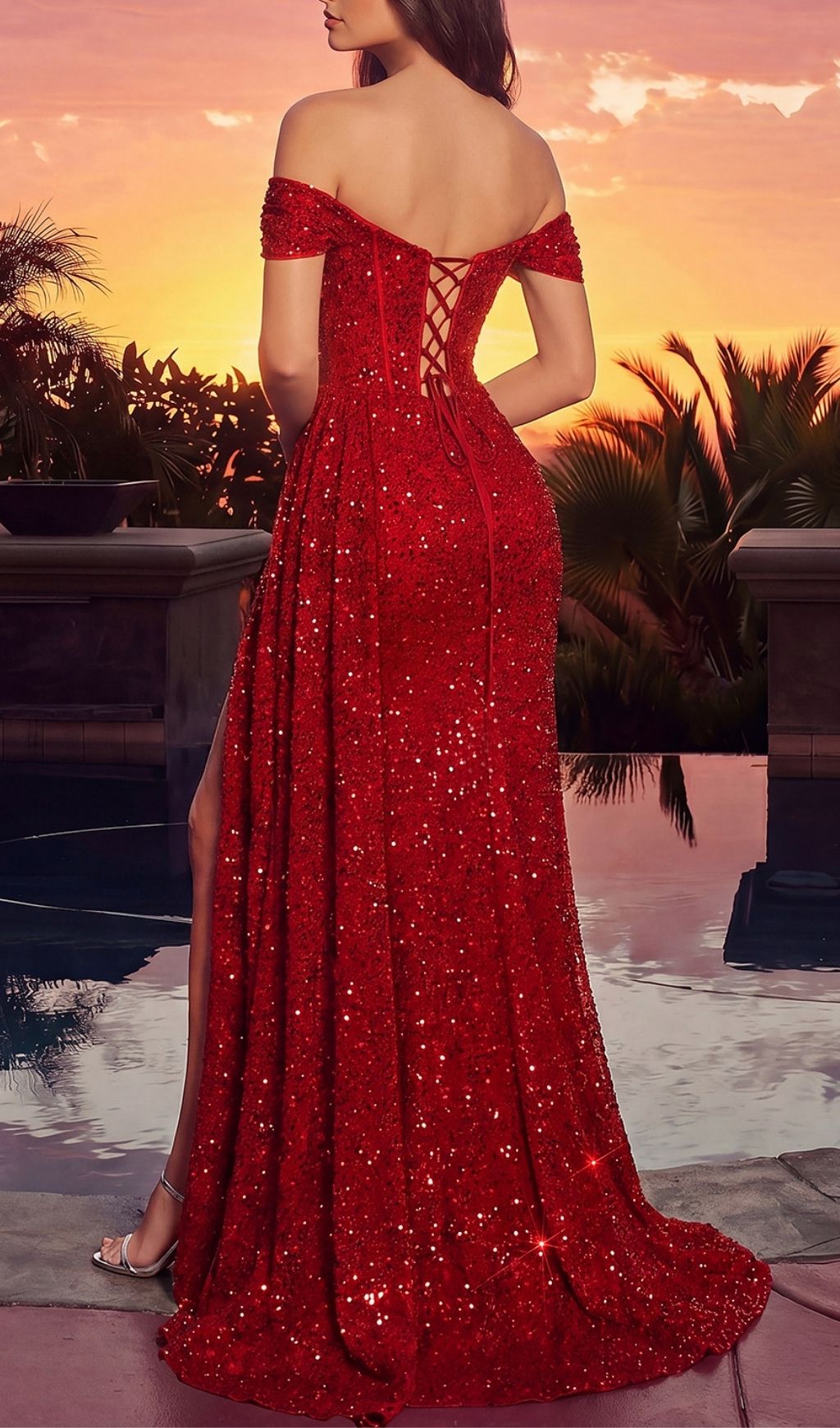 Fashionslee Women Lamar Red Off-Shoulder Corset Sequin Gown