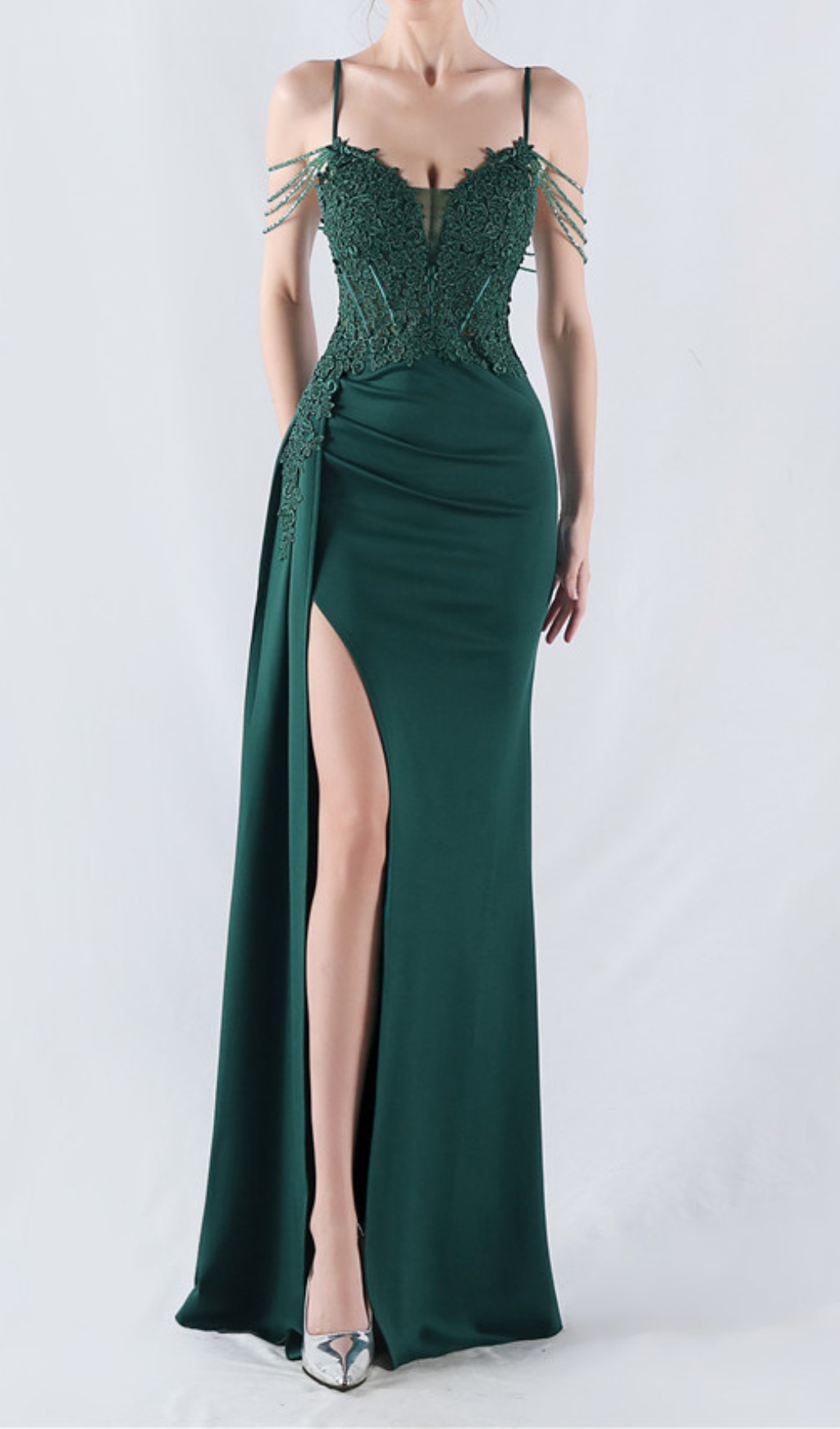 Fashionslee Women Chofa Green Flower Bead Corset Maxi Dress