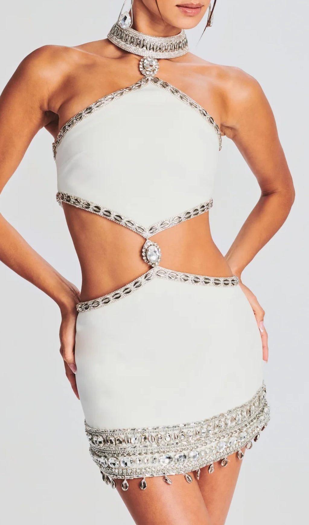 8400c0c0fd44418e124a6ef6f7e3c2b3.jpeg Fashionslee Women Bella White Rhinestone Halter Cutout Mini Dress