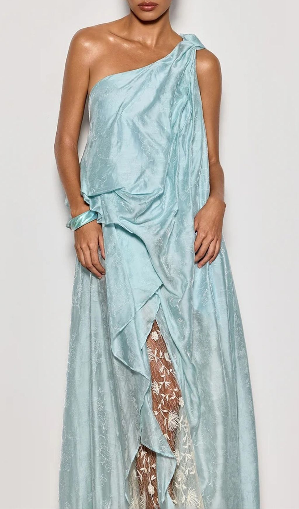 Fashionslee Women Czelaw One Shoulder Lace Maxi Dress In Icy Blue
