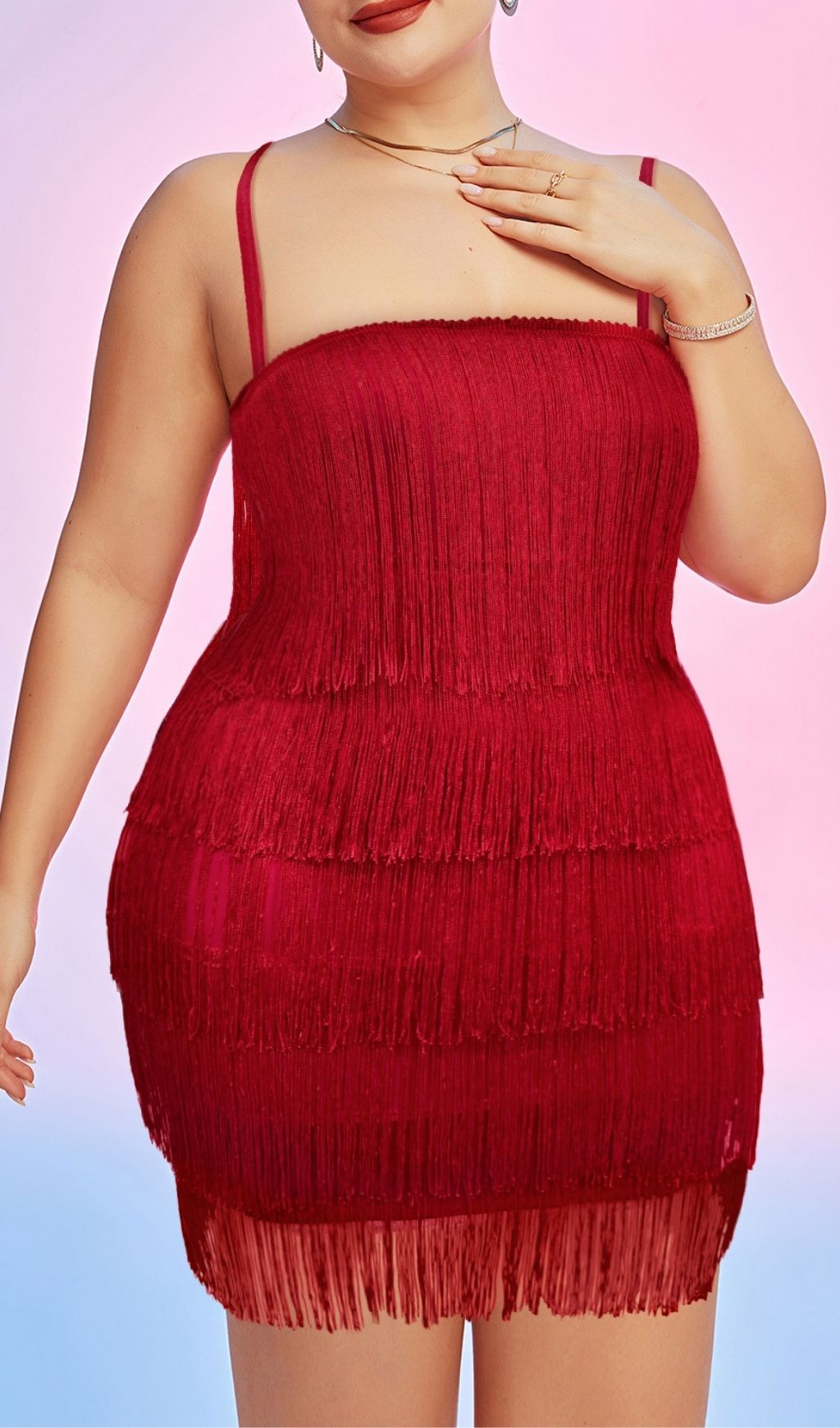 Fashionslee Women Lanita Red Strappy Tassel Plus Size Mini Dress