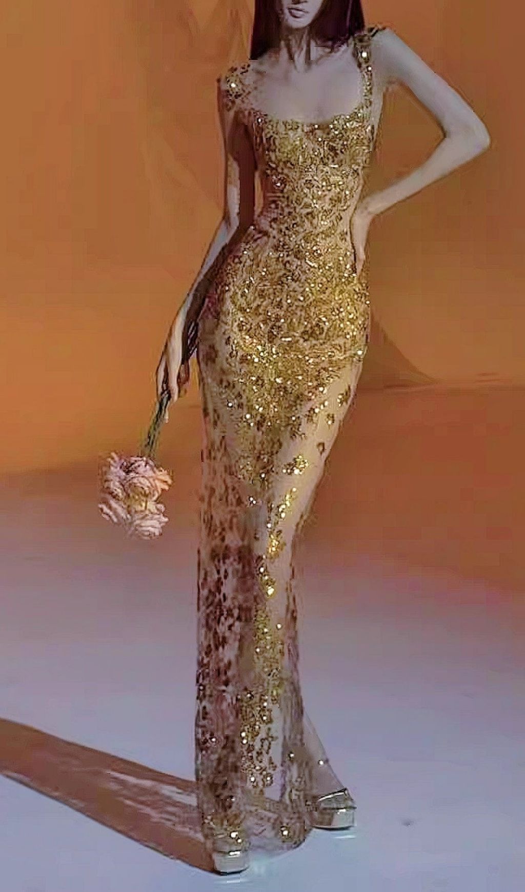 Fashionslee Women Kochava Gold Sequin Beaded Mesh Maxi Dress