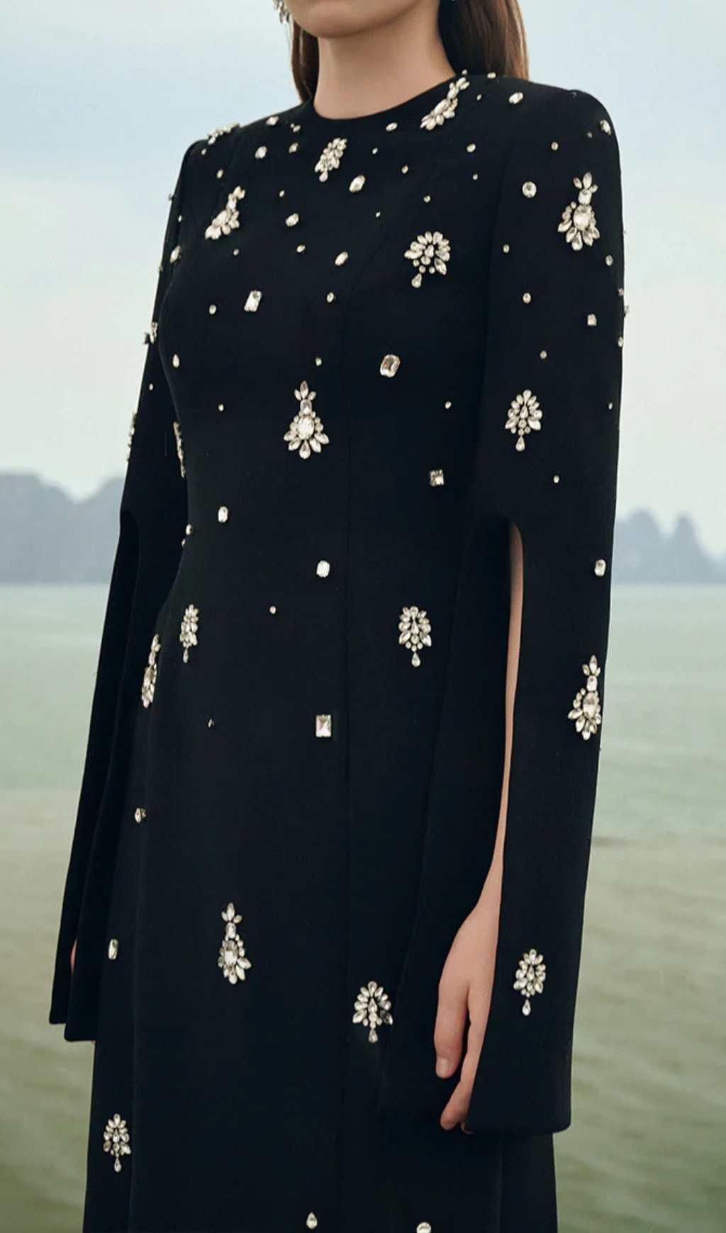 Fashionslee Women Davon Black Crystal Long Sleeve Maxi Dress