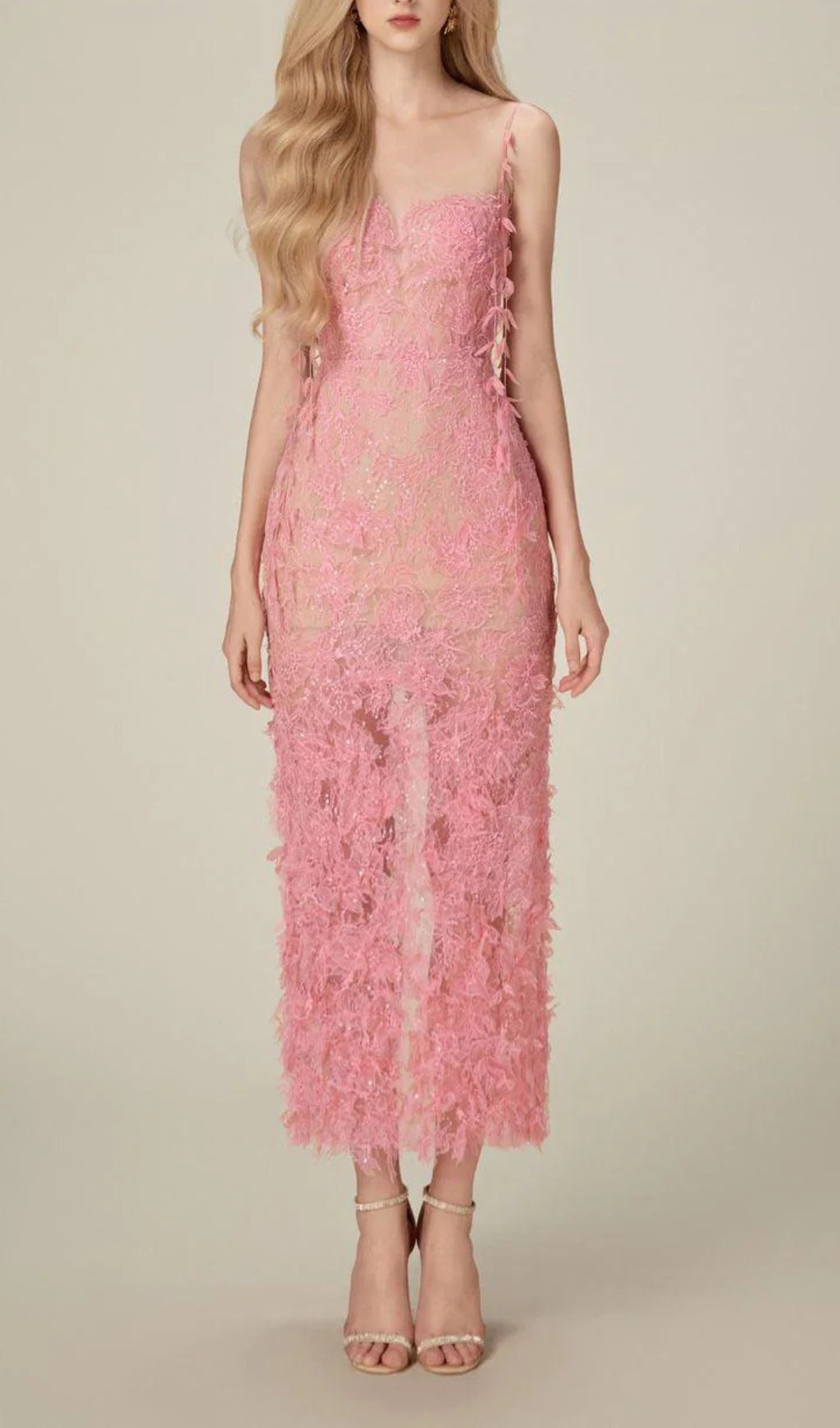Fashionslee Women Argo Pink Bead Lace Pencil Dress