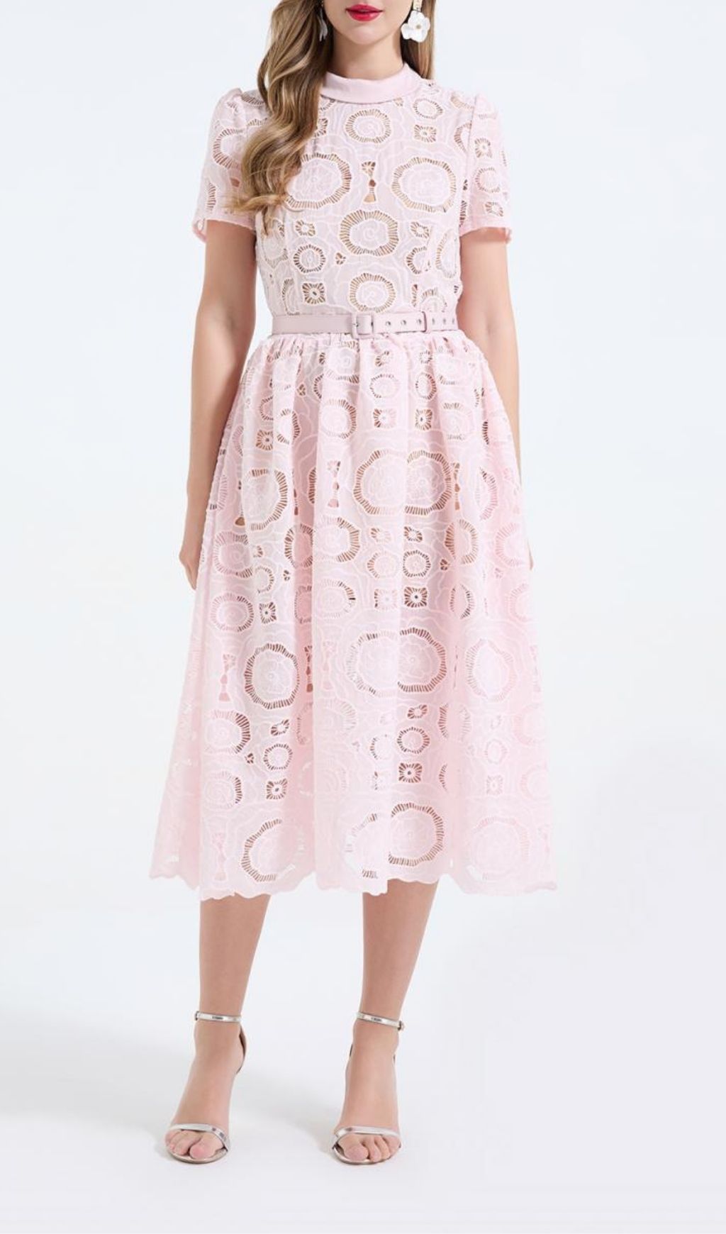 Fashionslee Women Floral Lace Midi Dress - Pink