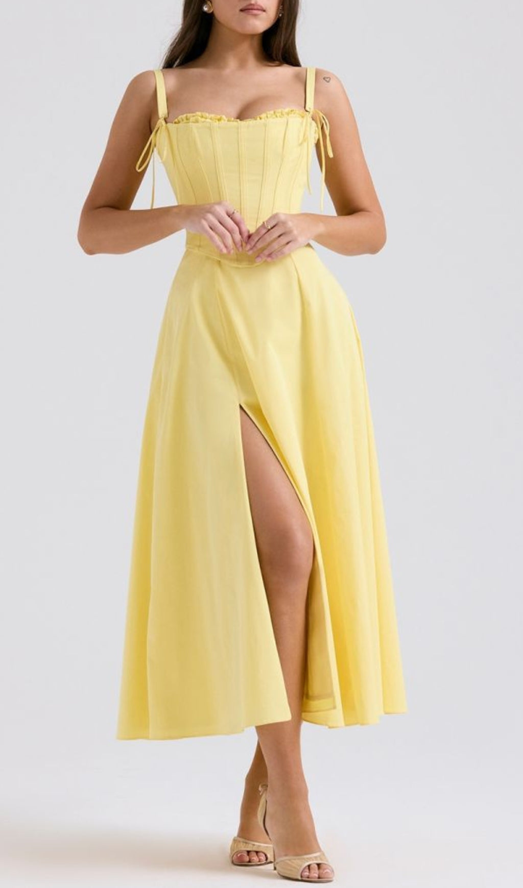 Fashionslee Women Avariella Yellow Corset Midi Dress Set