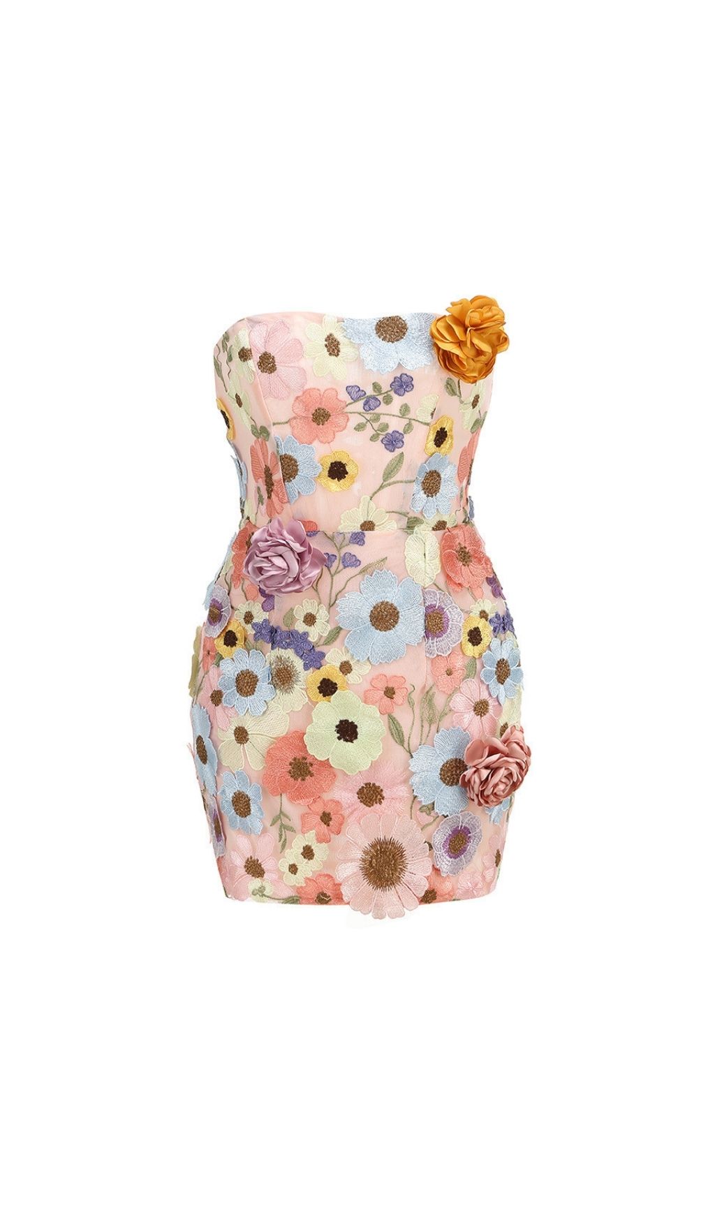Fashionslee Women Laasya Pink Strapless Flower Embroidery Mini Dress