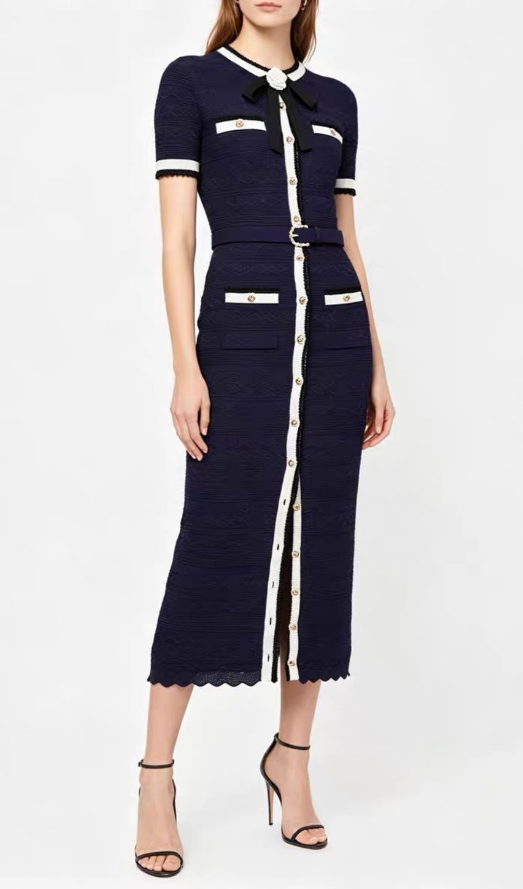 Fashionslee Women Navy Pointelle Knit Midi Dress