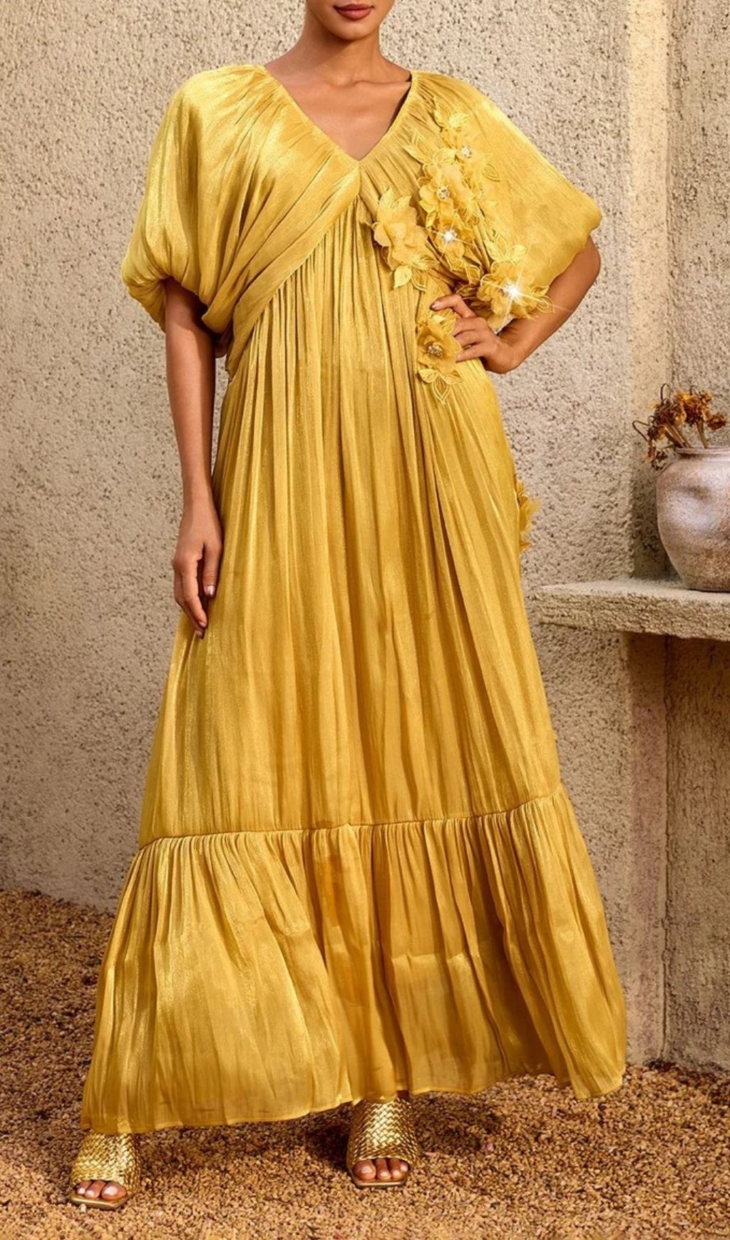 Fashionslee Women Corthiel Puff Sleeve Flower Ruched Maxi Dress