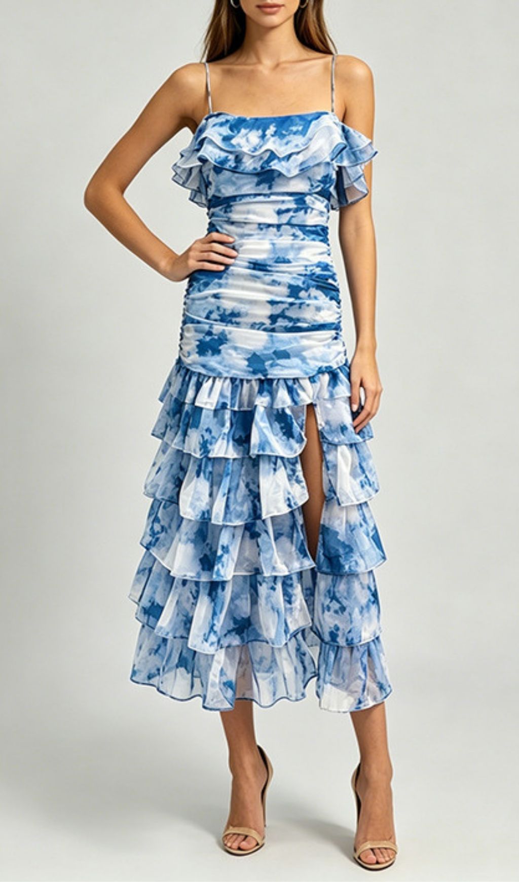 Fashionslee Women Kerith Blue Strappy Ruched Layered Midi Dress