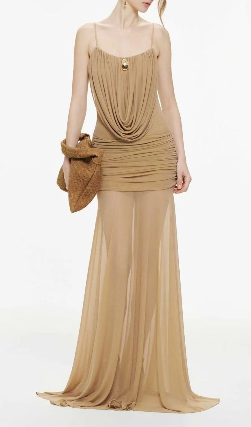 Fashionslee Women Lapis Khaki Strappy Draped Maxi Dress