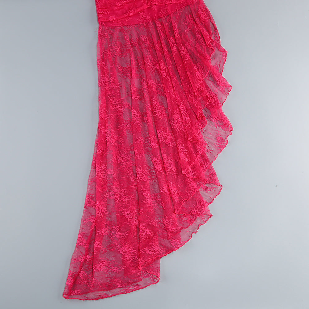 Fashionslee Women Bertha Rose Red Lace Maxi Dress