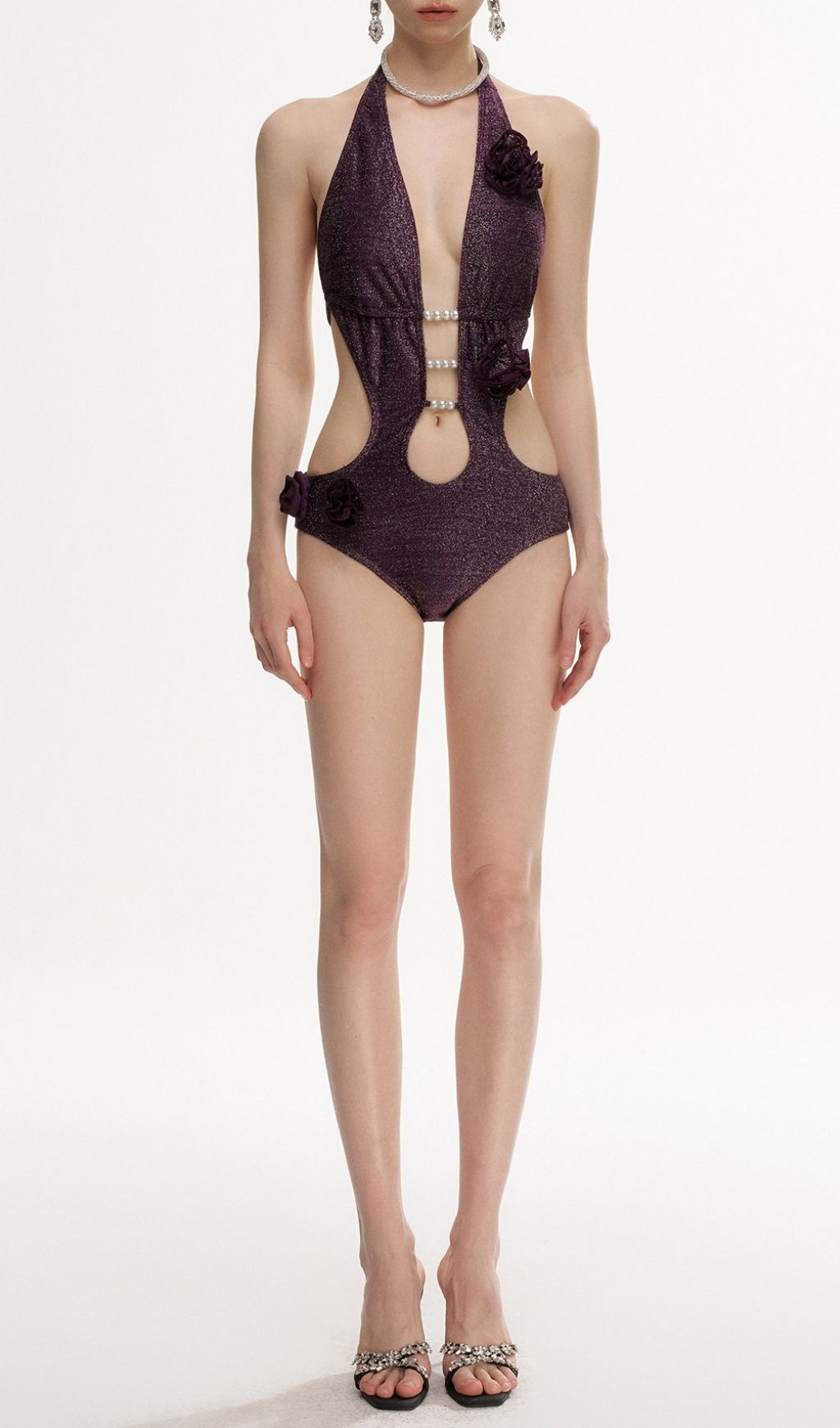 Fashionslee Women LaTavia Purple Halter Flower One-Piece Swimsuit