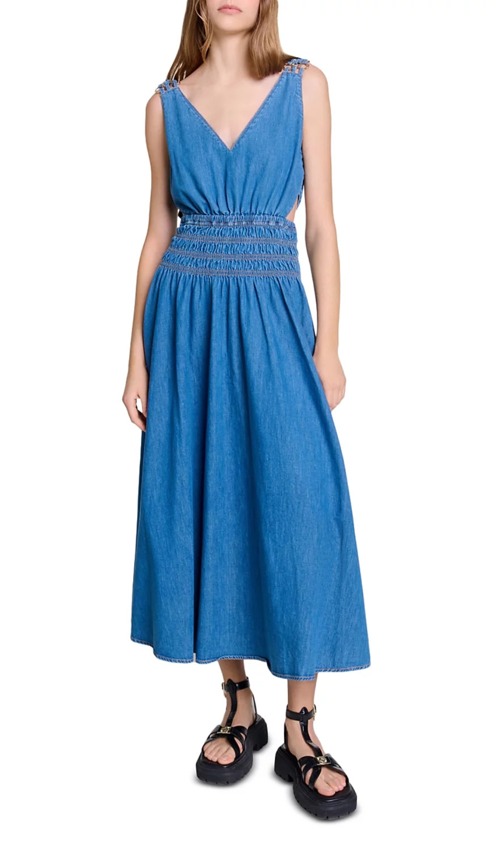 Fashionslee Women Runim Cutaway Denim Maxi Dress