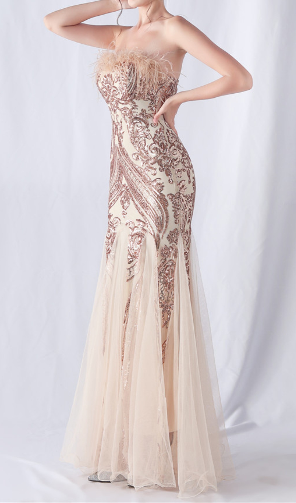Fashionslee Women Choire Champagne Sequin Feather Maxi Dress