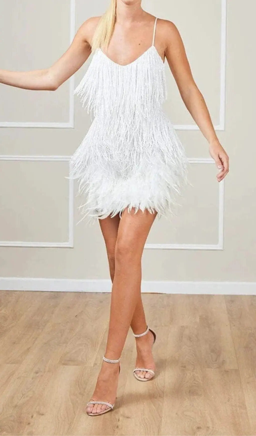 Fashionslee Women Tassel Feather Mini Dress In White