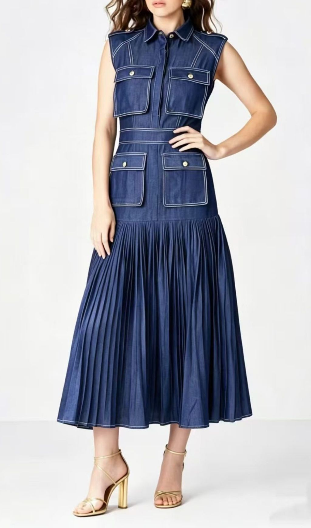 Fashionslee Women Latacia Denim Pockets Pleated Maxi Dress