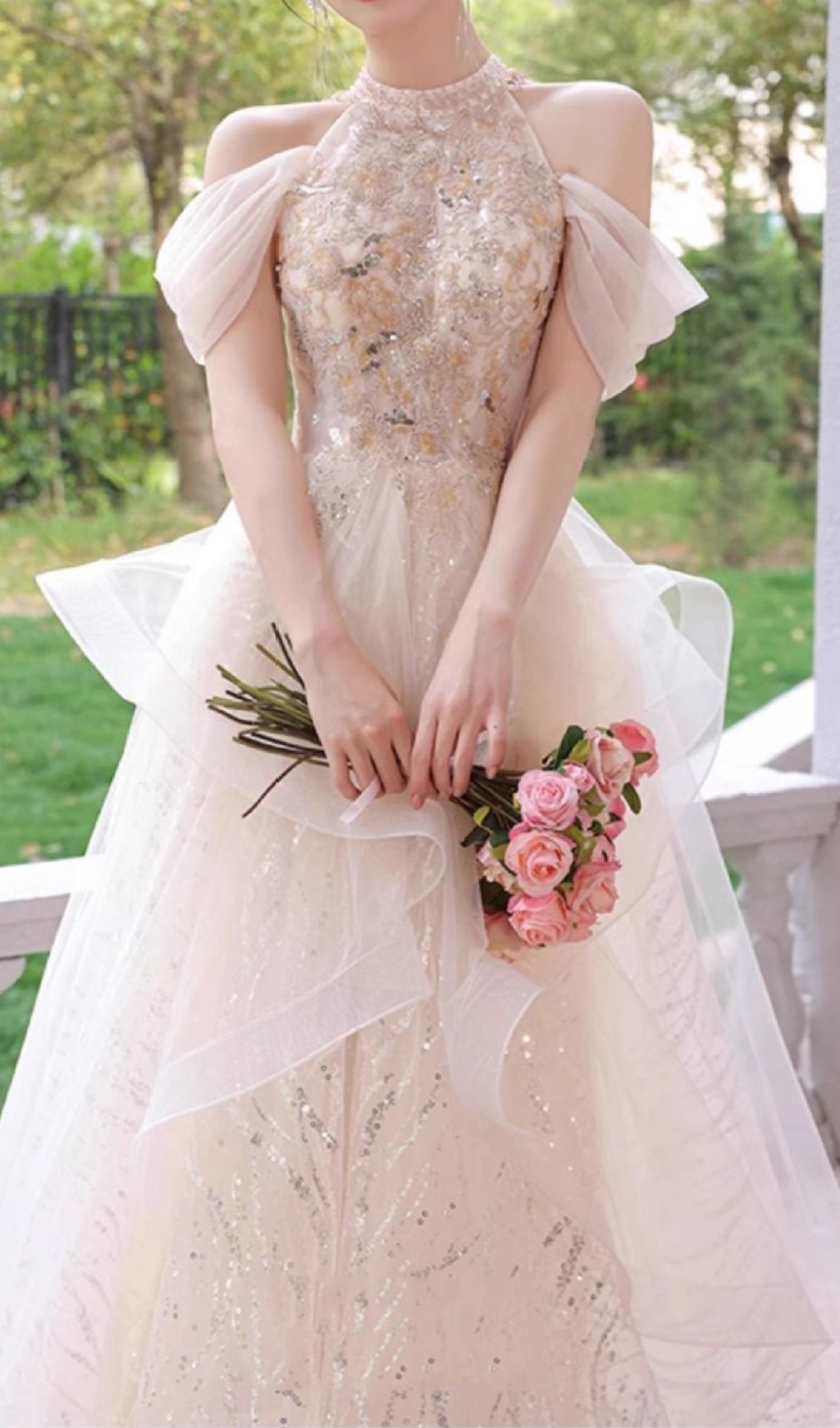 9ab3ea3217864a9a83c16e17e0412114.jpg Fashionslee Women Chione Champagne Halter Sequin Mesh Maxi Dress