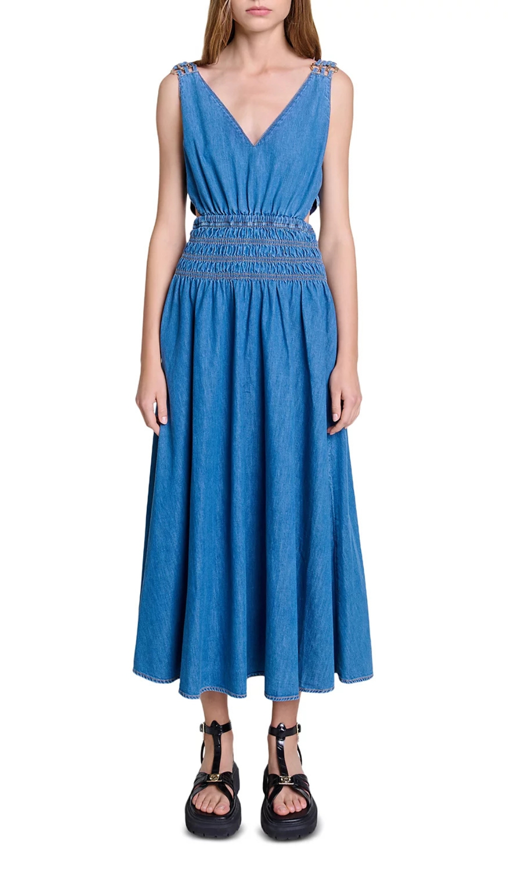 Fashionslee Women Runim Cutaway Denim Maxi Dress