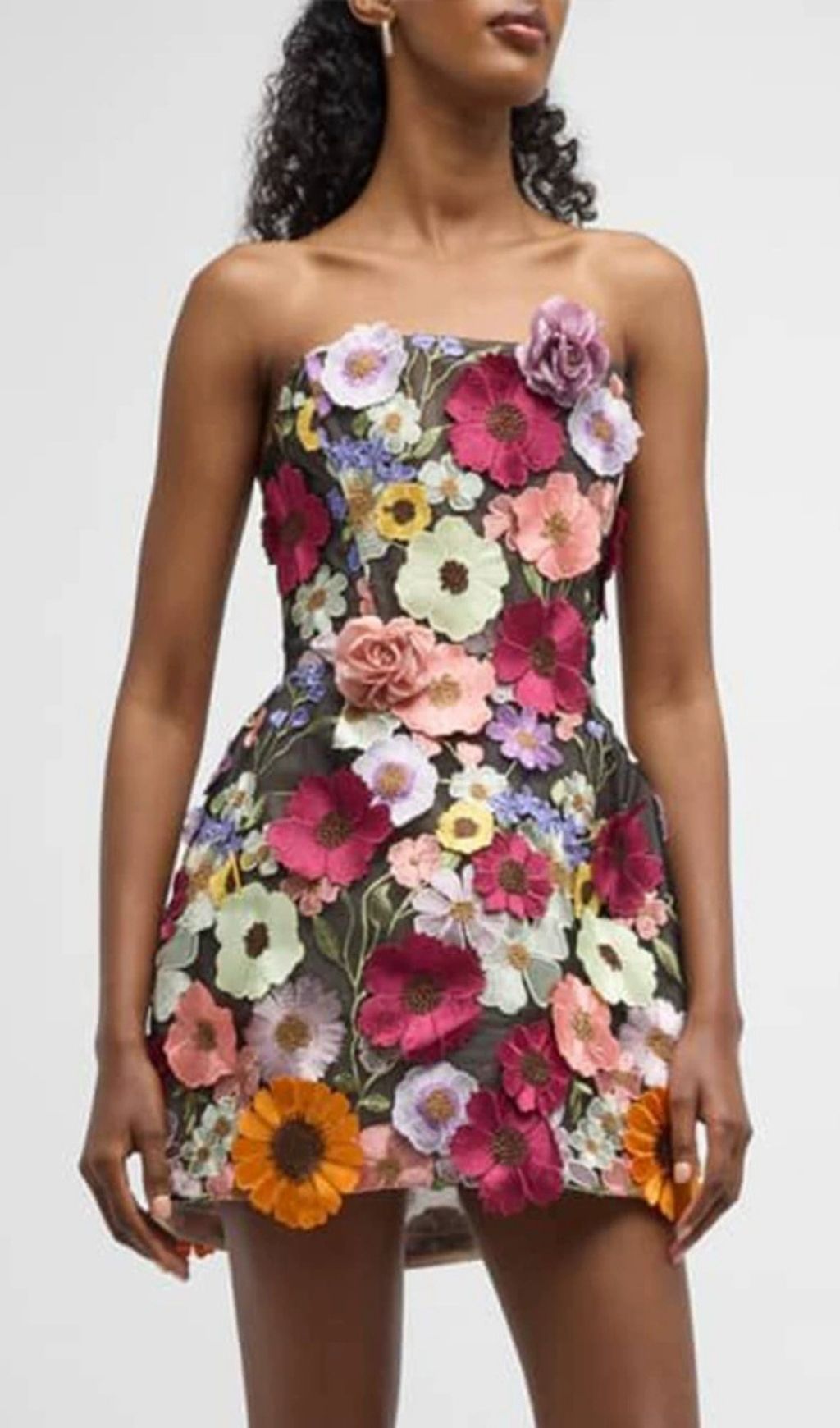 Fashionslee Women Laasya Black Strapless Flower Embroidery Mini Dress