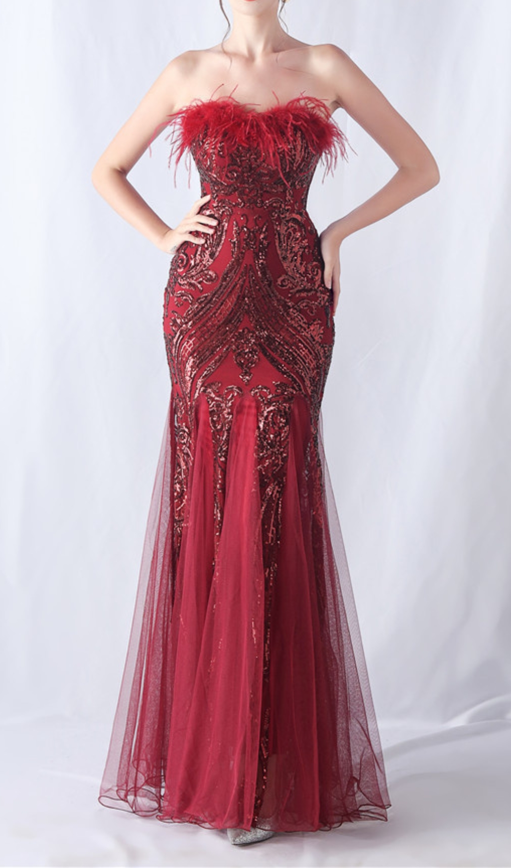 9d2023310a15e19fec7e08d2187ee521.jpg Fashionslee Women Choire Red Sequin Feather Maxi Dress