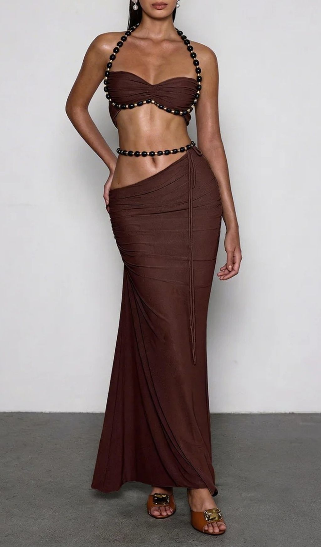 Fashionslee Women Eryna Halterneck Ruched Skirt Set In Coffee